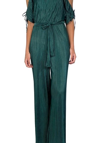 Parlak Yeşil Pilili Uzun Kadın Tulum - Görsel 3