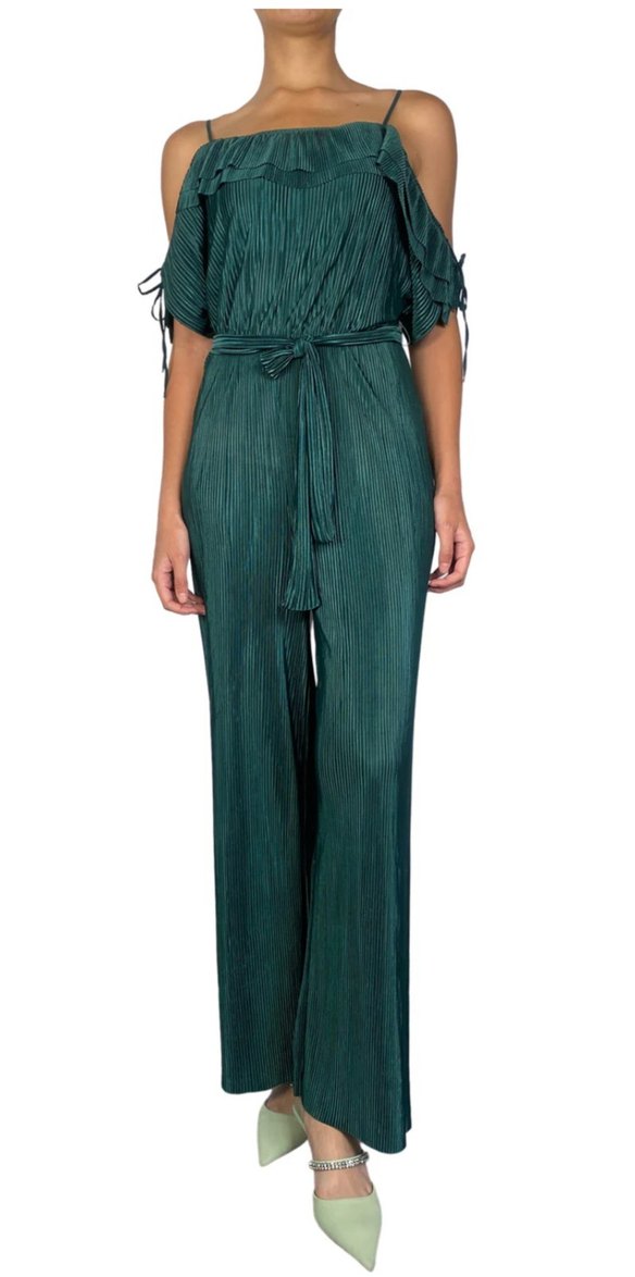 Parlak Yeşil Pilili Uzun Kadın Tulum - Görsel 3