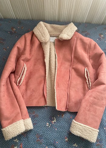 Pembe Süet Kadın Ceket, Kürklü, Midi Boy - Görsel 5