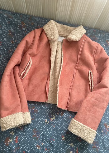 Pembe Süet Kadın Ceket, Kürklü, Midi Boy - Görsel 2