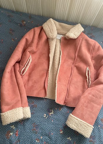 Pembe Süet Kadın Ceket, Kürklü, Midi Boy - Görsel 3