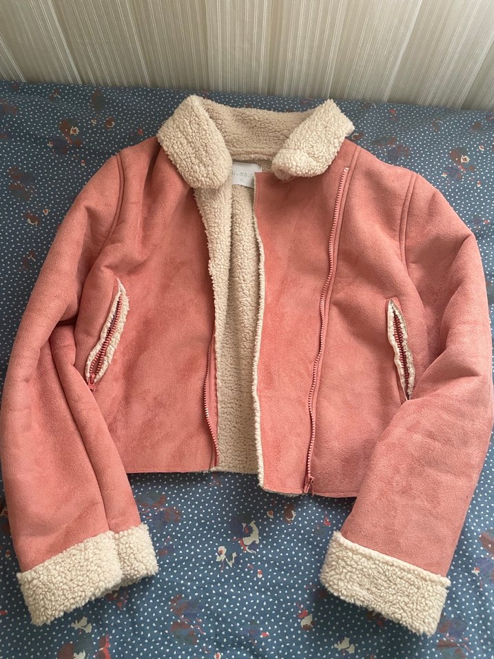 Pembe Süet Kadın Ceket, Kürklü, Midi Boy - Görsel 5