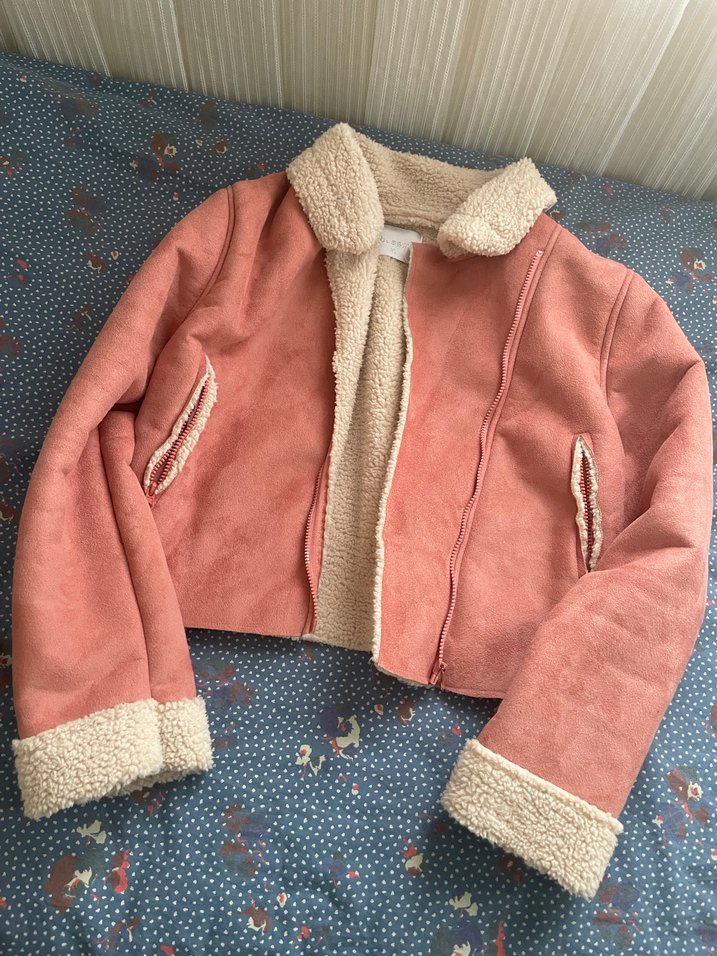 Pembe Süet Kadın Ceket, Kürklü, Midi Boy - Görsel 2