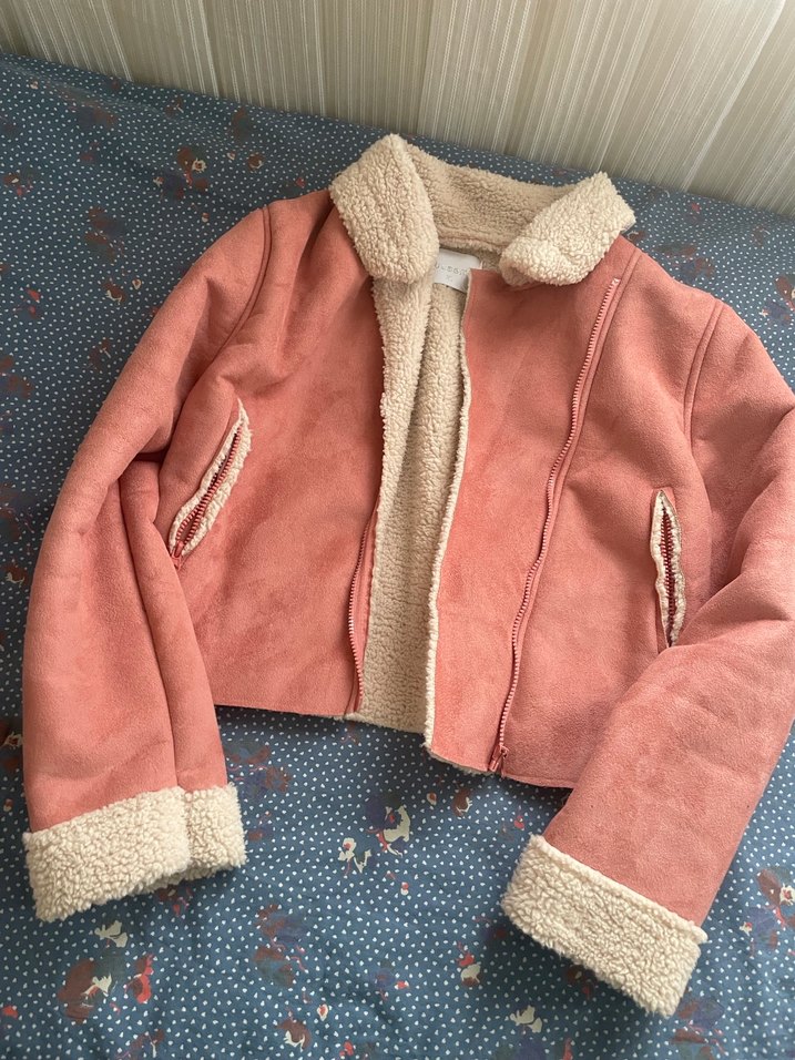 Pembe Süet Kadın Ceket, Kürklü, Midi Boy - Görsel 3