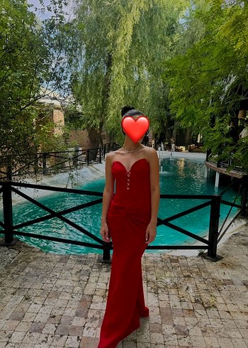 Kırmızı Straplez Uzun Drapeli Abiye Elbise - Görsel 2