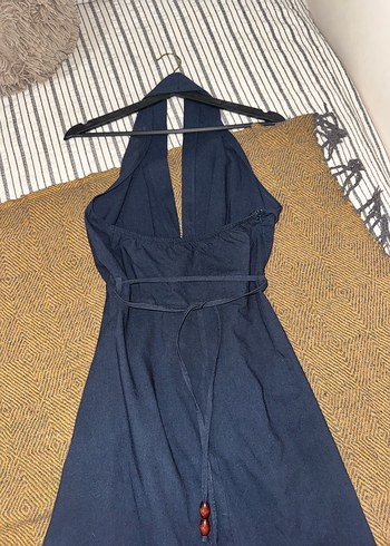 Kadın Lacivert Uzun V Yaka Keten Elbise - Görsel 5