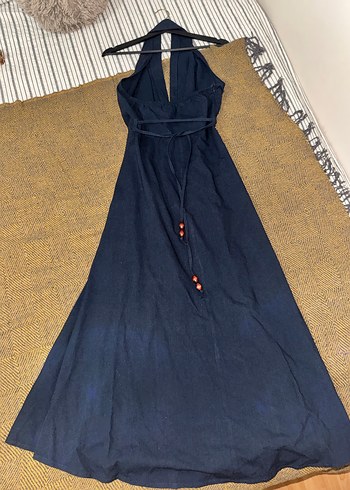 Kadın Lacivert Uzun V Yaka Keten Elbise - Görsel 4