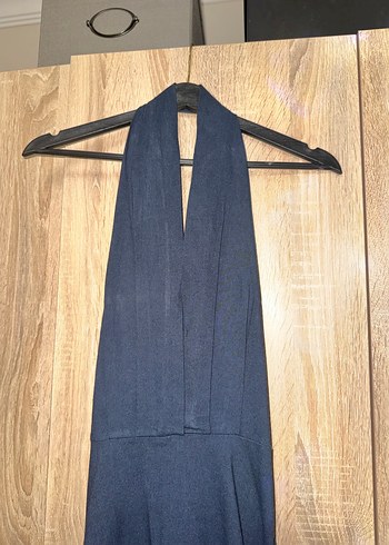 Kadın Lacivert Uzun V Yaka Keten Elbise - Görsel 3