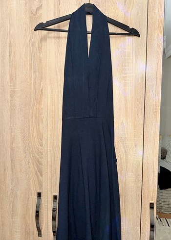 Kadın Lacivert Uzun V Yaka Keten Elbise - Görsel 2