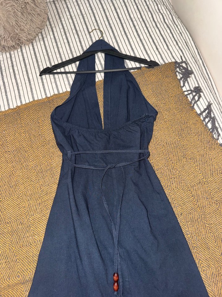 Kadın Lacivert Uzun V Yaka Keten Elbise - Görsel 5