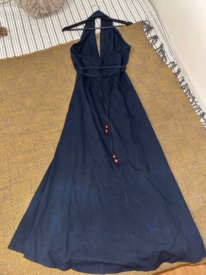 Kadın Lacivert Uzun V Yaka Keten Elbise - Görsel 4