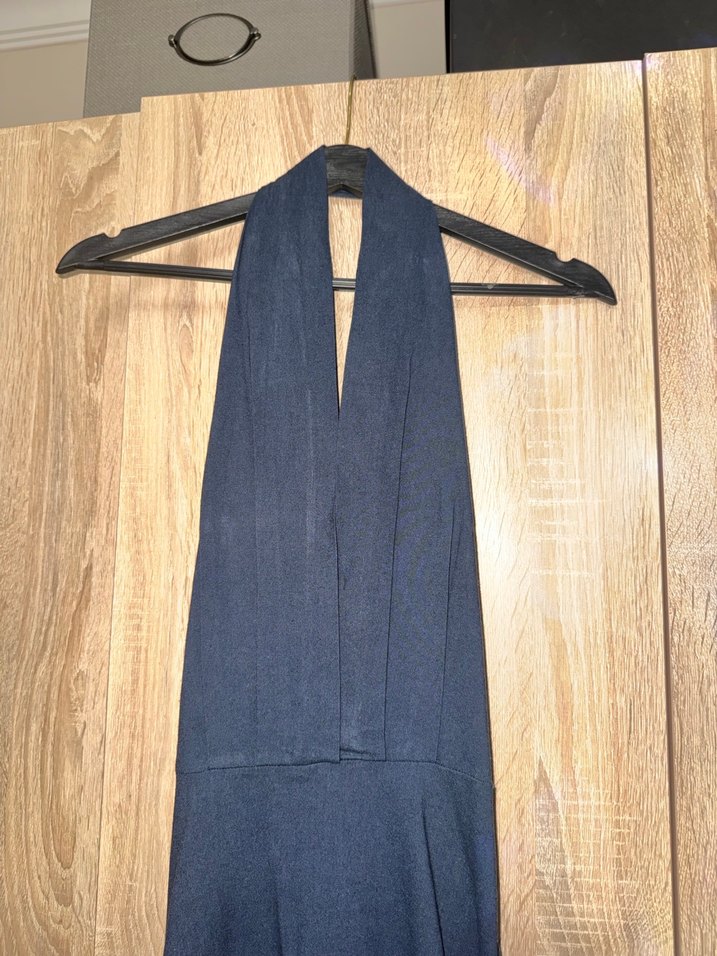 Kadın Lacivert Uzun V Yaka Keten Elbise - Görsel 3