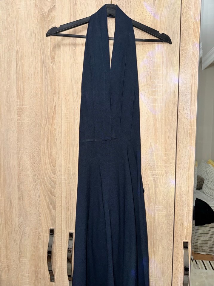 Kadın Lacivert Uzun V Yaka Keten Elbise - Görsel 2
