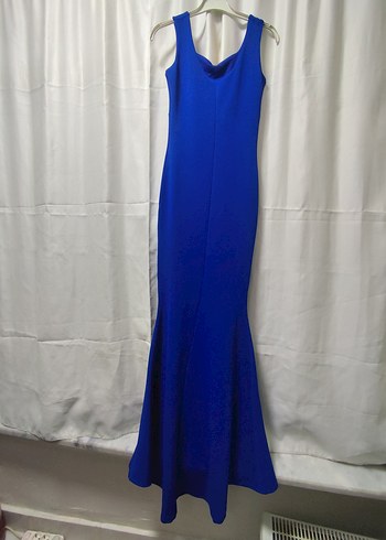 Kadın Mavi Uzun V Yaka Kolsuz Abiye Elbise - Görsel 4