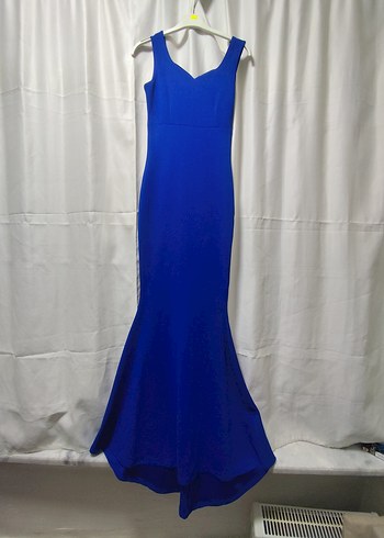 Kadın Mavi Uzun V Yaka Kolsuz Abiye Elbise - Görsel 2