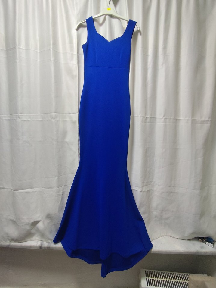 Kadın Mavi Uzun V Yaka Kolsuz Abiye Elbise - Görsel 2