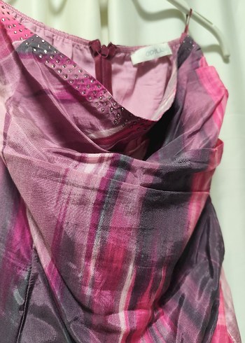 Mor Bağlama Desenli Drapeli Uzun Abiye Elbise - Görsel 2