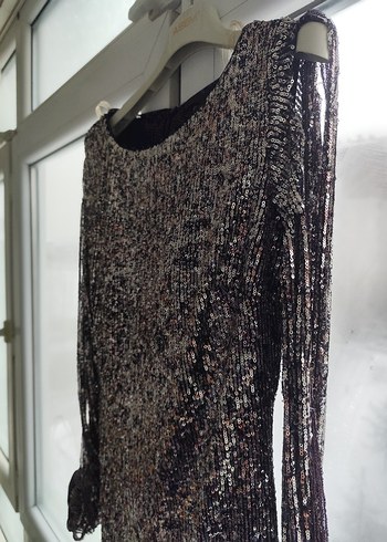 Uzun Kollu Drapeli Gri Abiye Elbise - Görsel 5