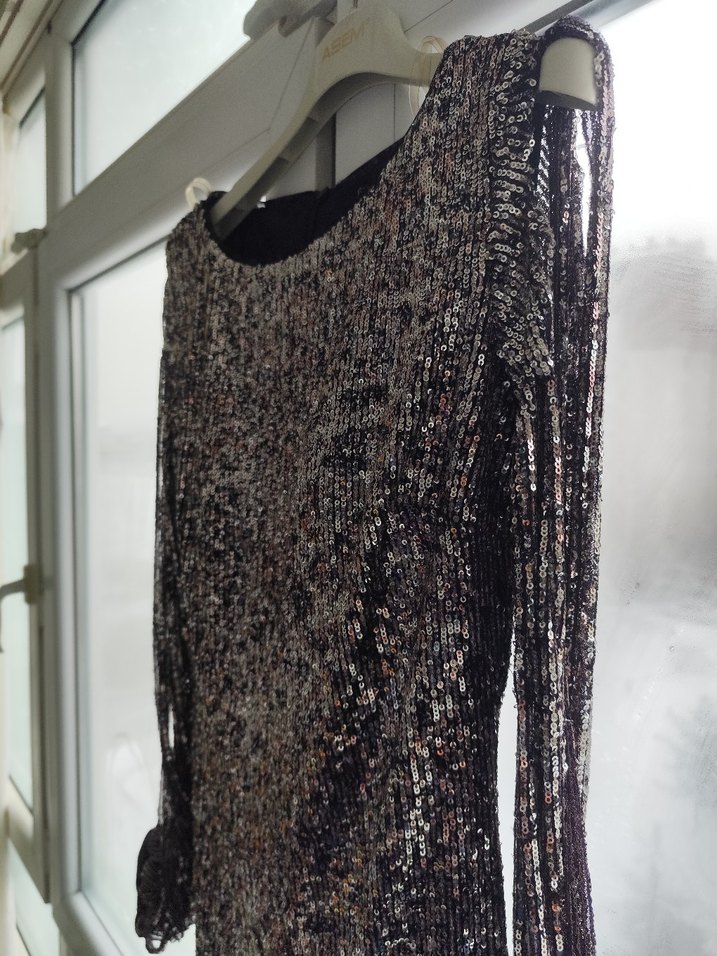 Uzun Kollu Drapeli Gri Abiye Elbise - Görsel 5