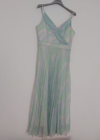 Pastel Renkli Pilili Uzun Askılı Elbise - Görsel 3