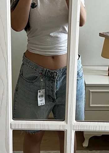 Gri Düğmeli Mini Denim Şort - Görsel 3