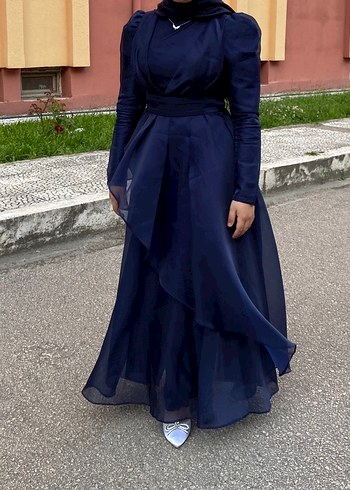 Uzun Lacivert Drapeli Kadın Abiye Elbise - Görsel 4