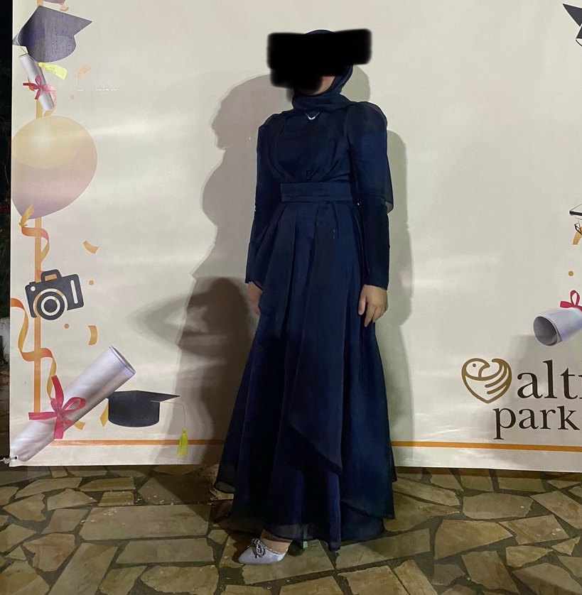 Uzun Lacivert Drapeli Kadın Abiye Elbise - Görsel 2