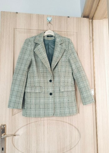 Turkuaz Ekoseli Mini Kadın Blazer Ceket - Görsel 2