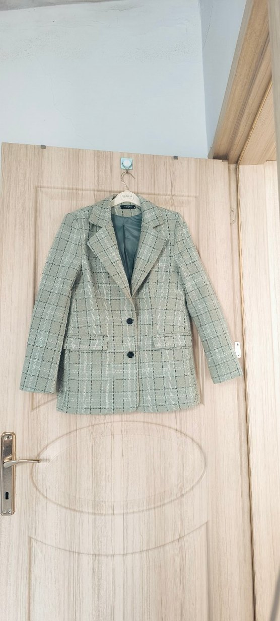 Turkuaz Ekoseli Mini Kadın Blazer Ceket - Görsel 2