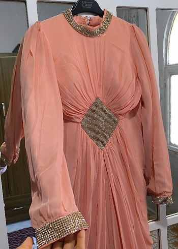 Pudra Pembe Drapeli Uzun Abiye Elbise - Görsel 8