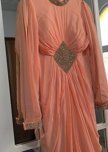 Pudra Pembe Drapeli Uzun Abiye Elbise - Görsel 5