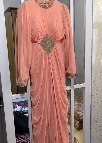 Pudra Pembe Drapeli Uzun Abiye Elbise - Görsel 4