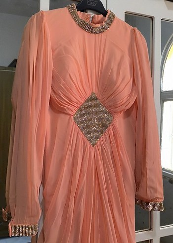 Pudra Pembe Drapeli Uzun Abiye Elbise - Görsel 7