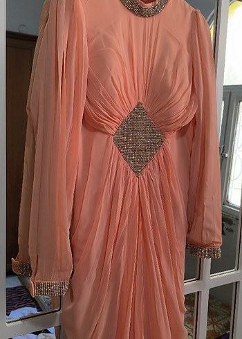 Pudra Pembe Drapeli Uzun Abiye Elbise - Görsel 9
