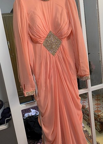 Pudra Pembe Drapeli Uzun Abiye Elbise - Görsel 11