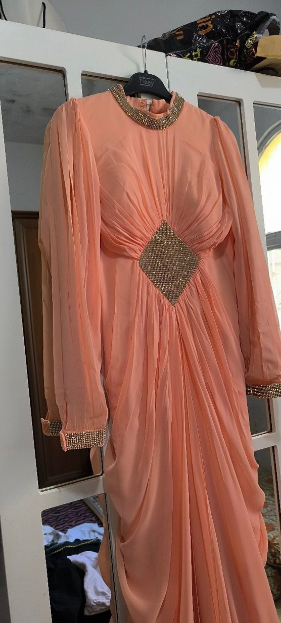 Pudra Pembe Drapeli Uzun Abiye Elbise - Görsel 5