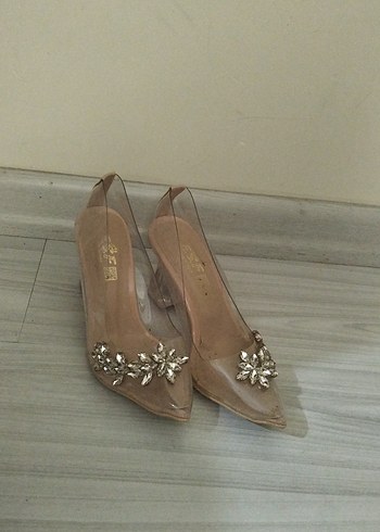 Bej Cam Topuklu İşlemeli Abiye Ayakkabı - Görsel 3