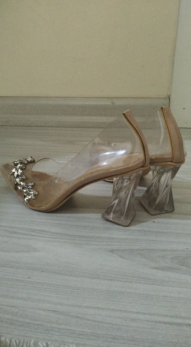 Bej Cam Topuklu İşlemeli Abiye Ayakkabı - Görsel 2