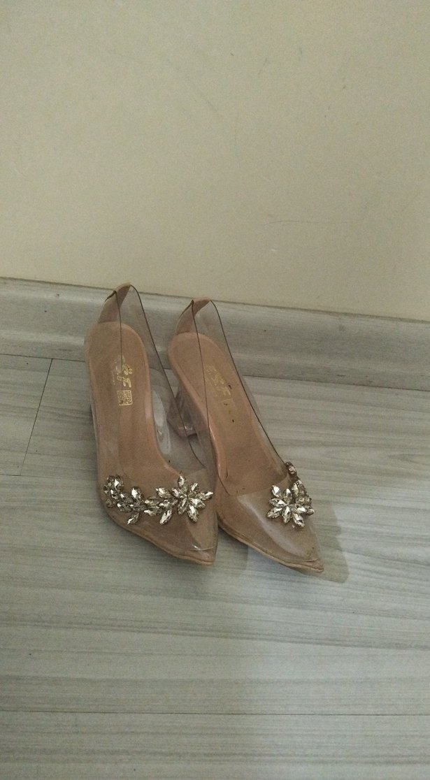 Bej Cam Topuklu İşlemeli Abiye Ayakkabı - Görsel 3