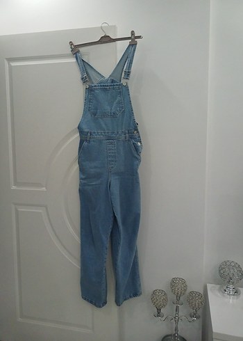 2 kere giyildi Kadın Mavi Denim Askılı Tulum - Görsel 3