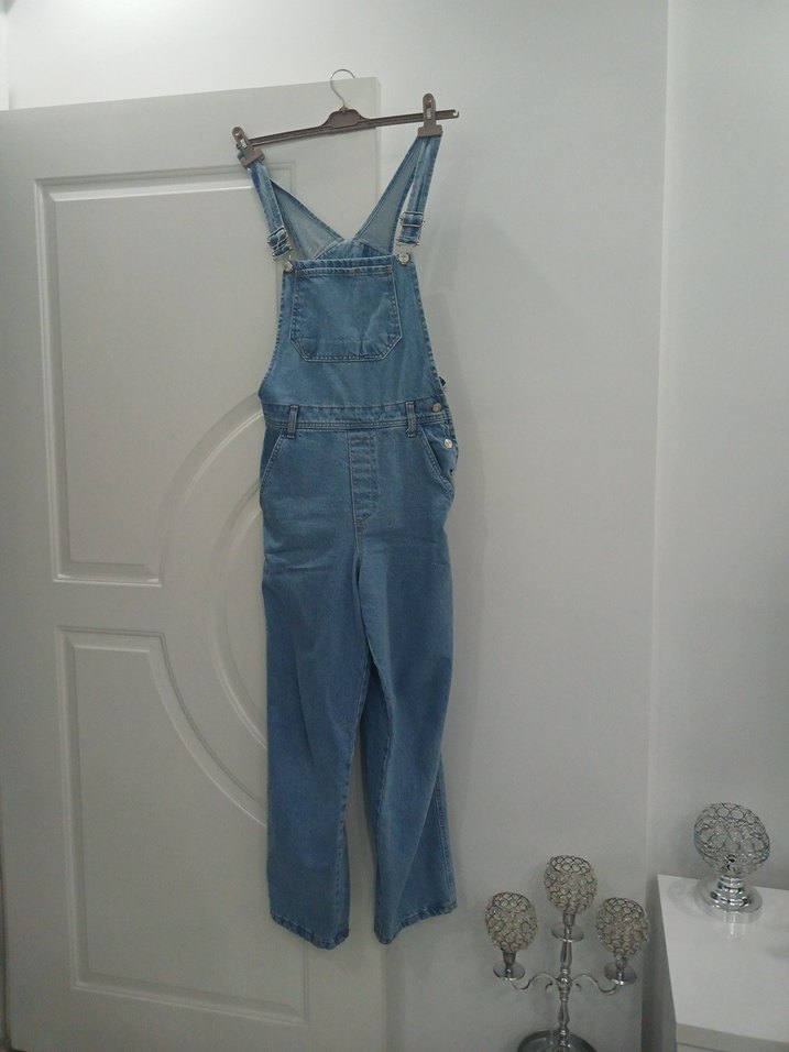 2 kere giyildi Kadın Mavi Denim Askılı Tulum - Görsel 3