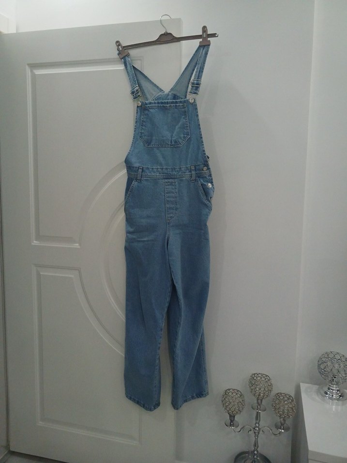 2 kere giyildi Kadın Mavi Denim Askılı Tulum - Görsel 2