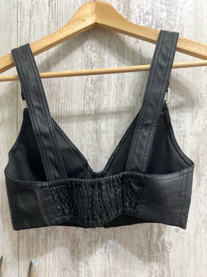 Siyah Deri Kadın Biker Mini Büstiyer - Görsel 3
