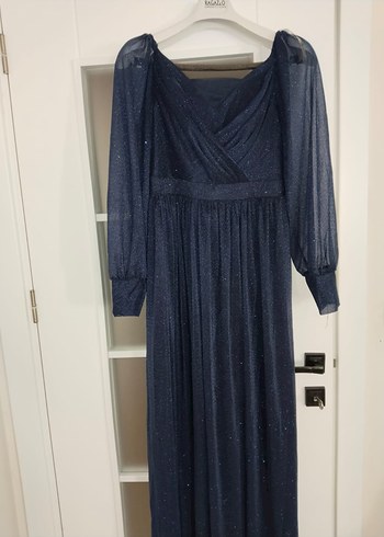 Lacivert Uzun Kollu Drapeli Kadın Abiye Elbise - Görsel 2