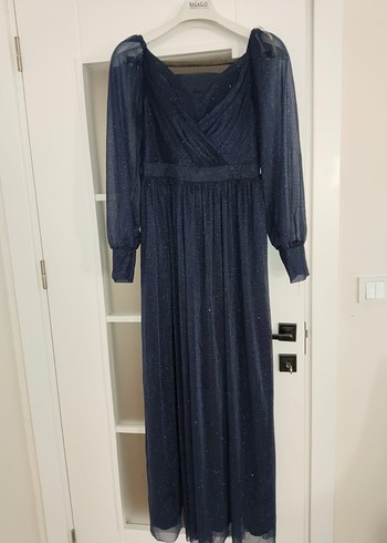 Lacivert Uzun Kollu Drapeli Kadın Abiye Elbise - Görsel 5