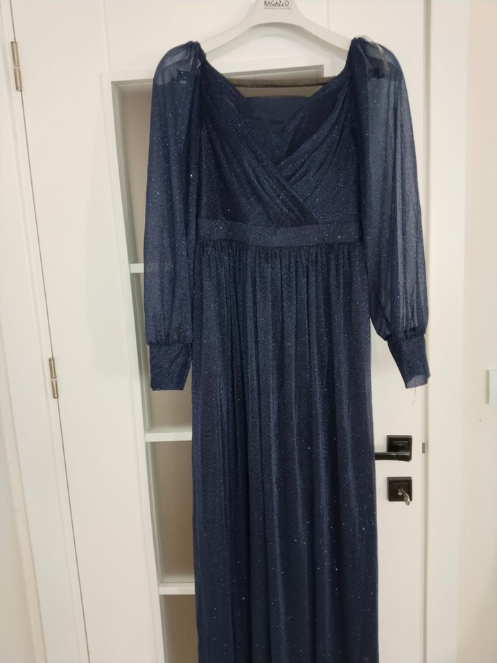 Lacivert Uzun Kollu Drapeli Kadın Abiye Elbise - Görsel 2