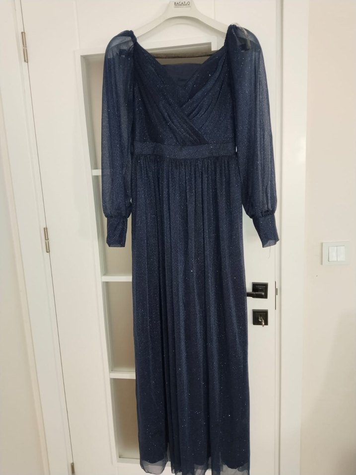 Lacivert Uzun Kollu Drapeli Kadın Abiye Elbise - Görsel 5