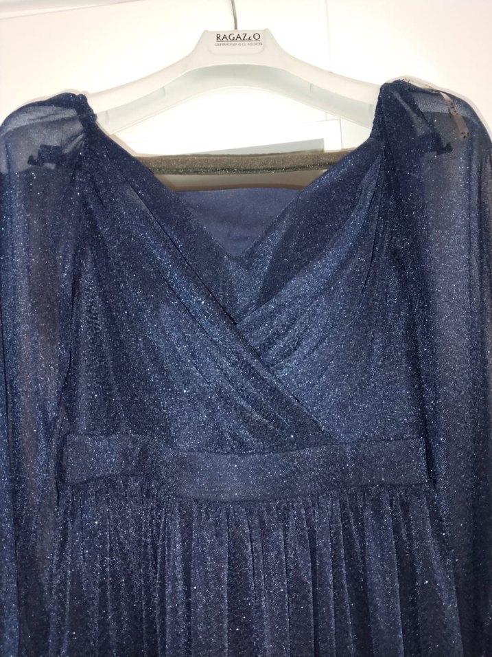 Lacivert Uzun Kollu Drapeli Kadın Abiye Elbise - Görsel 4