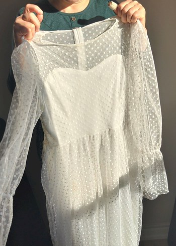 Uzun Kollu Bohem Mini Beyaz Gelinlik - Görsel 3