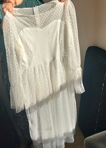 Uzun Kollu Bohem Mini Beyaz Gelinlik - Görsel 7